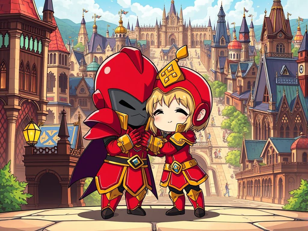Chibi-Anime Adeptus Astartes Hug in Gothic Theme Park