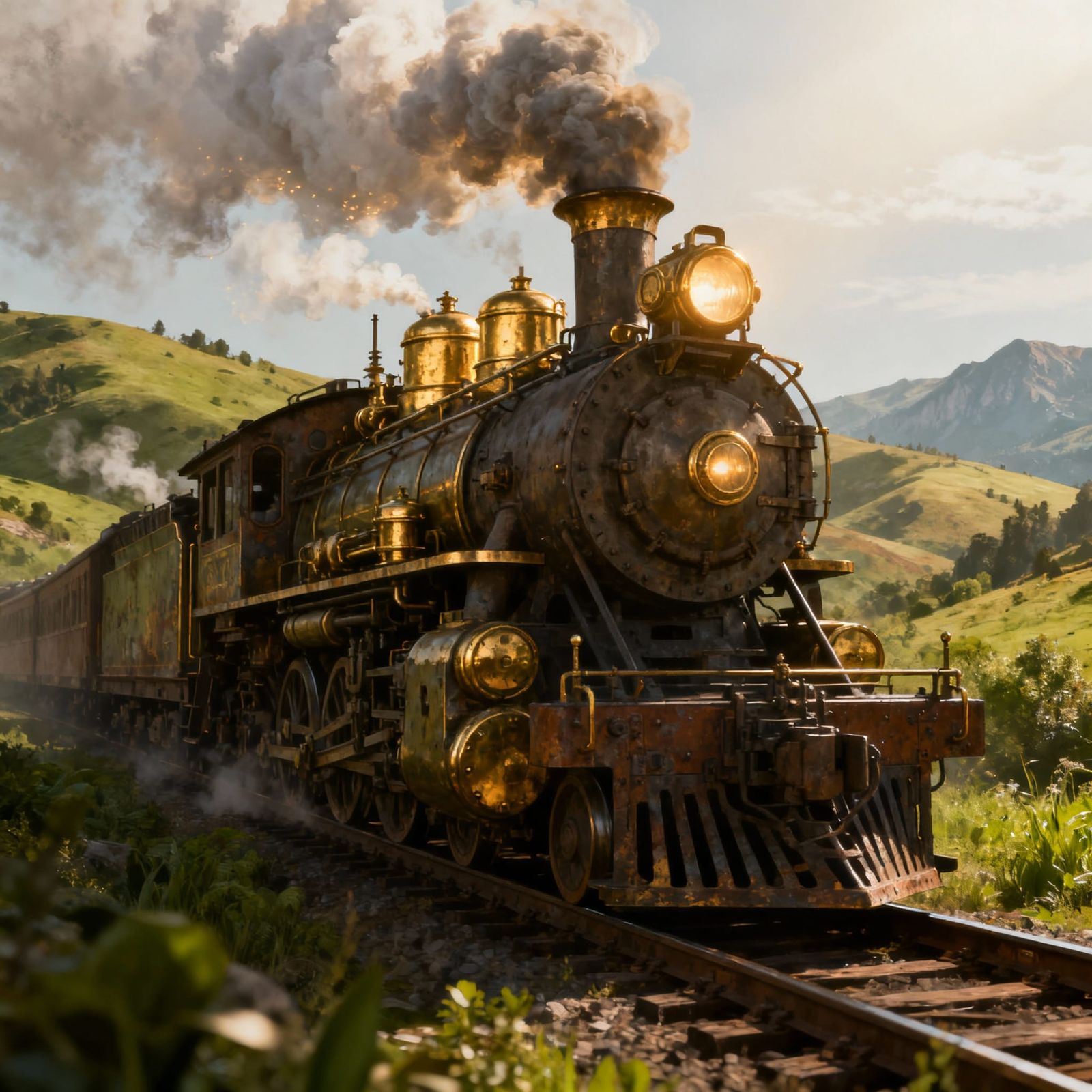 Vintage Steam Train in Lush Green Hills