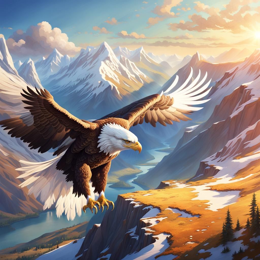 Majestic White Eagle Soaring Over Snowy Mountains