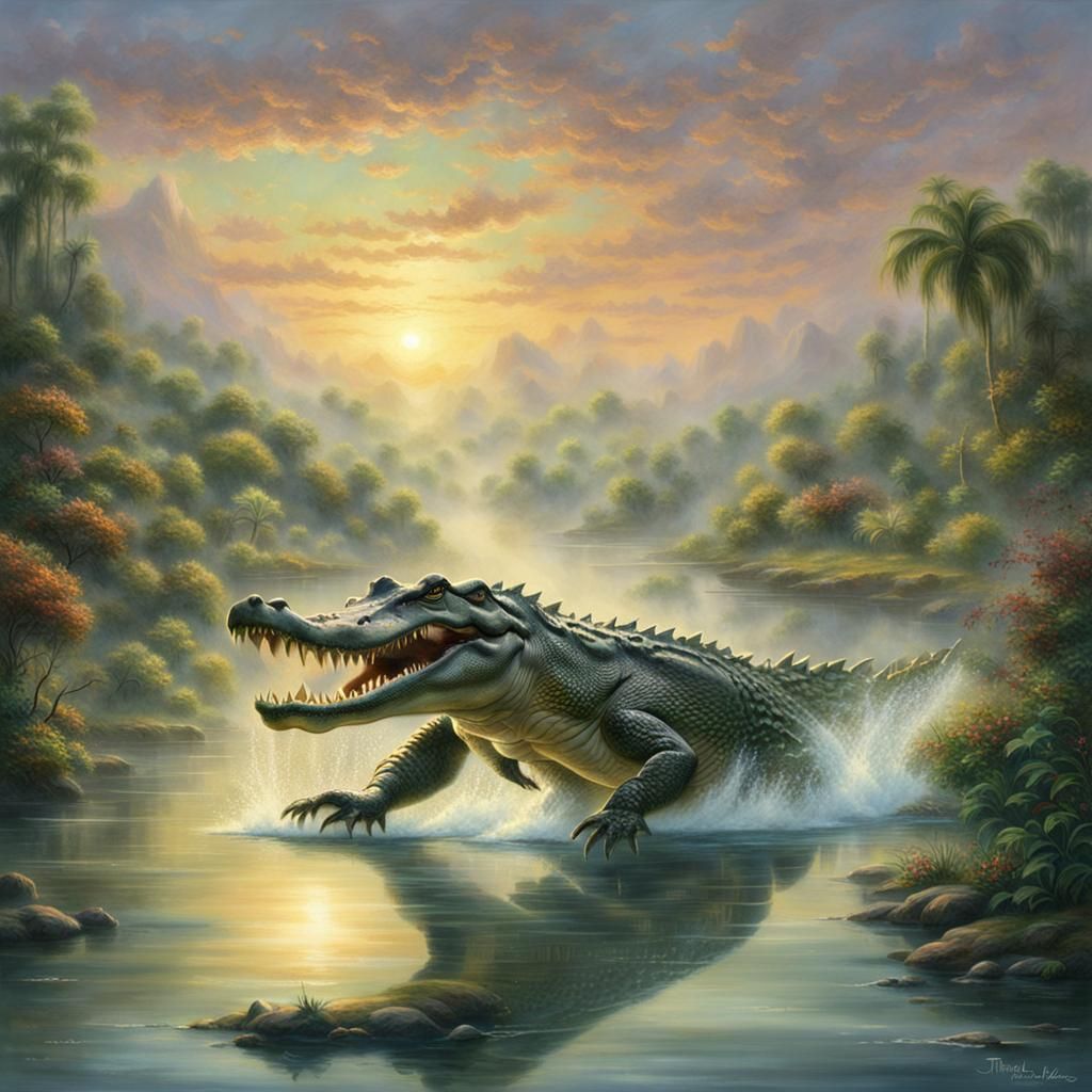Crocodile Snapping Jaws in Misty Lake, Ethereal Fantasy