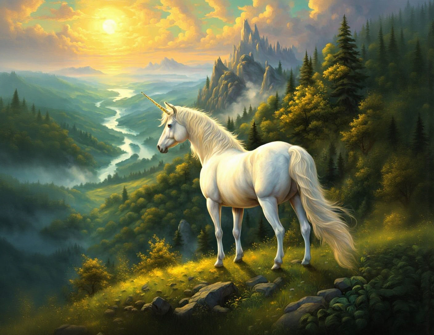 Majestic Unicorn on Green Hillside in Hyperrealistic Style