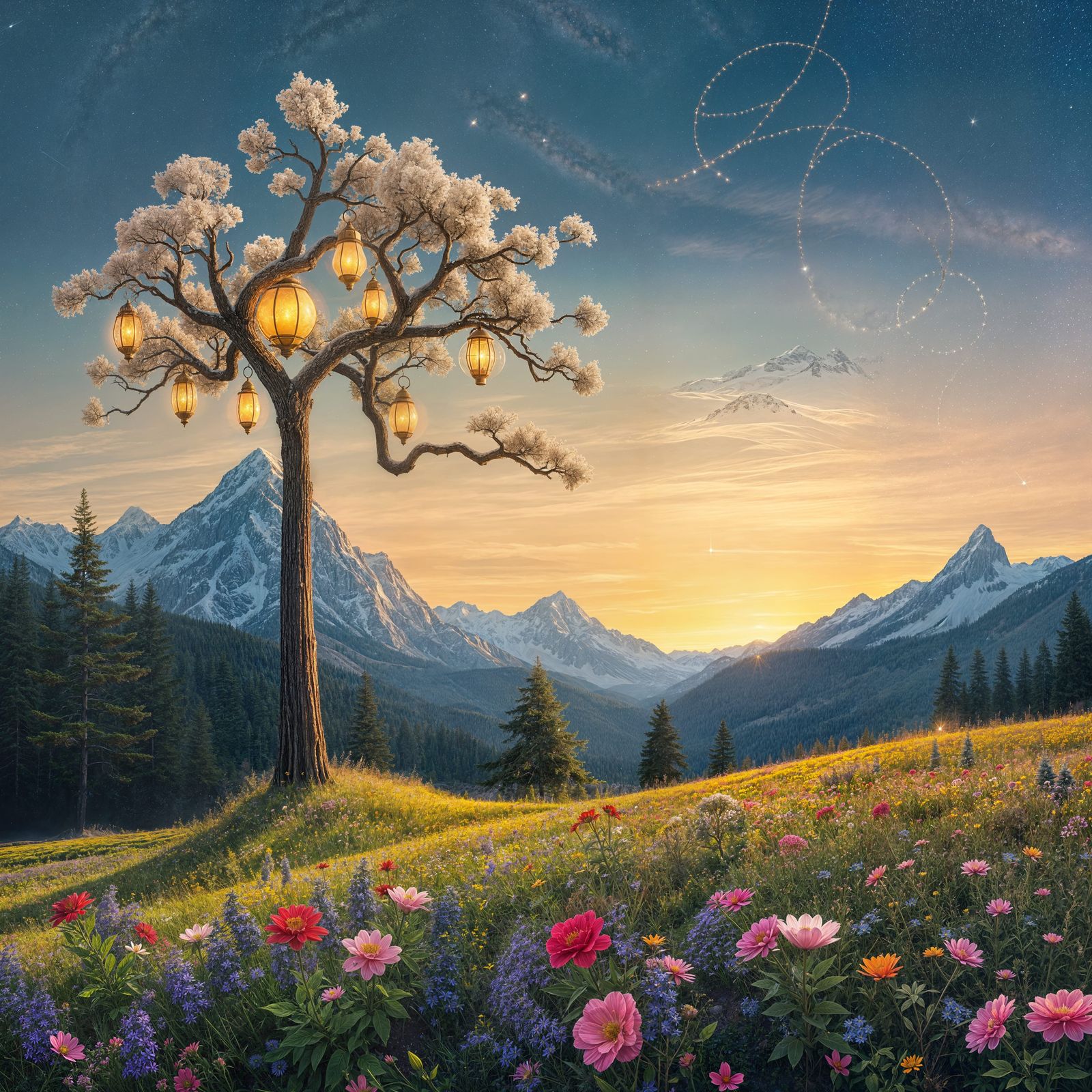 Serene Wilderness with a Glowing Lamp-Tree