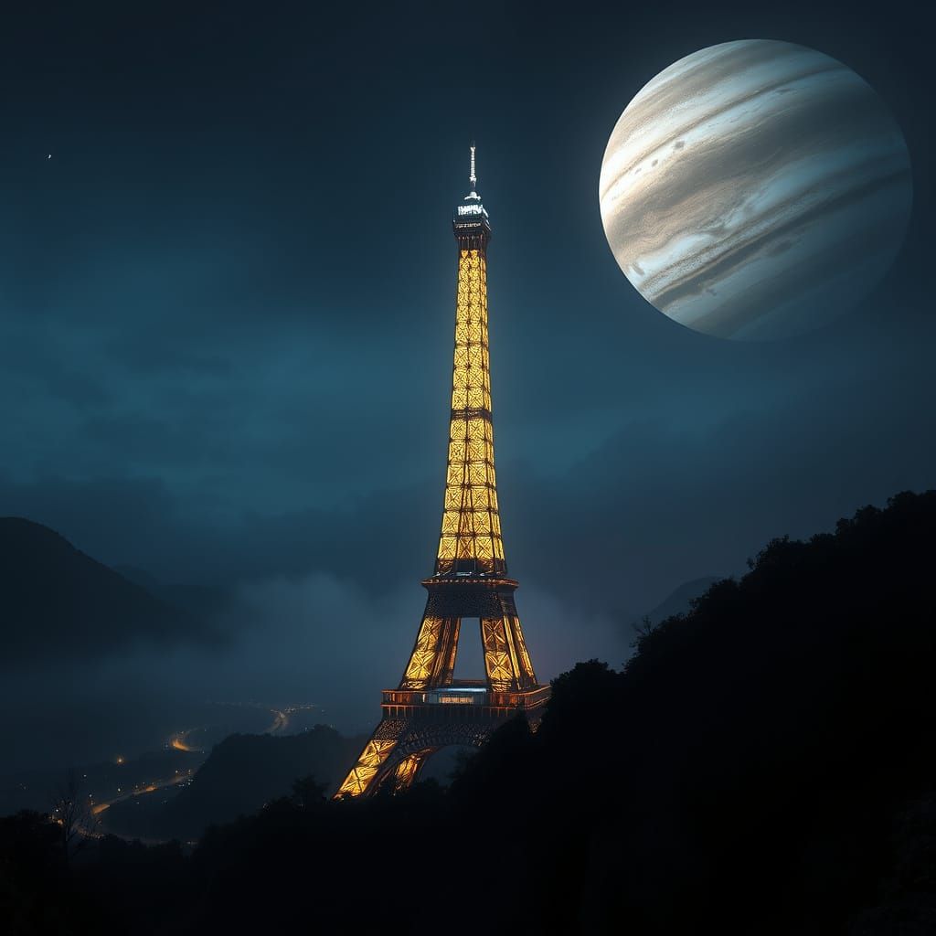 Eiffel Tower Illuminated Amidst a Majestic Dark Berg Landsca...