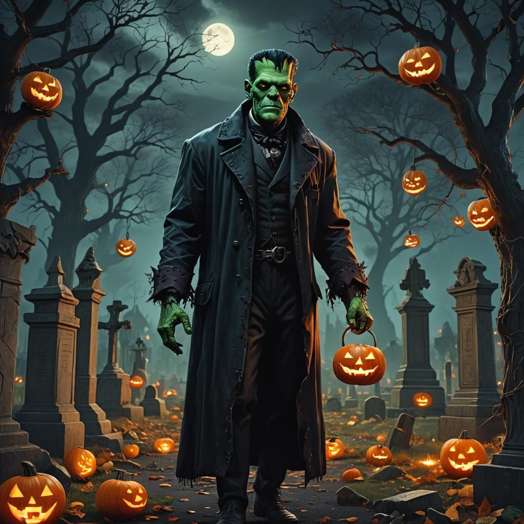 Frankenstein's Monster: Jack-o'-Lantern Head in Cemetery