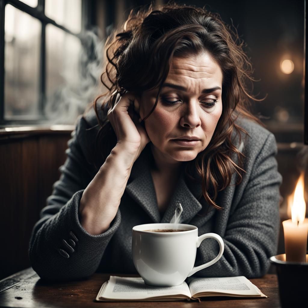 Somber Woman Reading in Dark Cafe