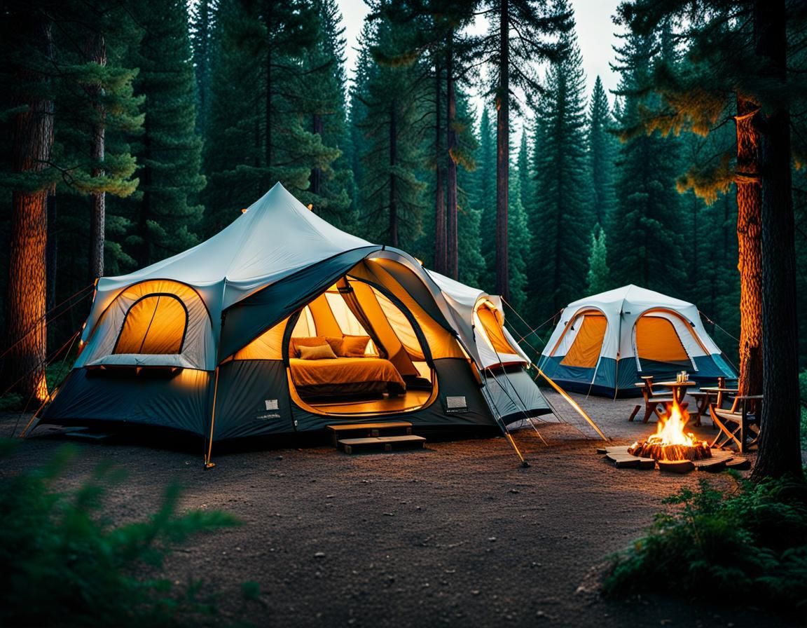 Luxurious Campground with Spacious Tent in Cinematic Style