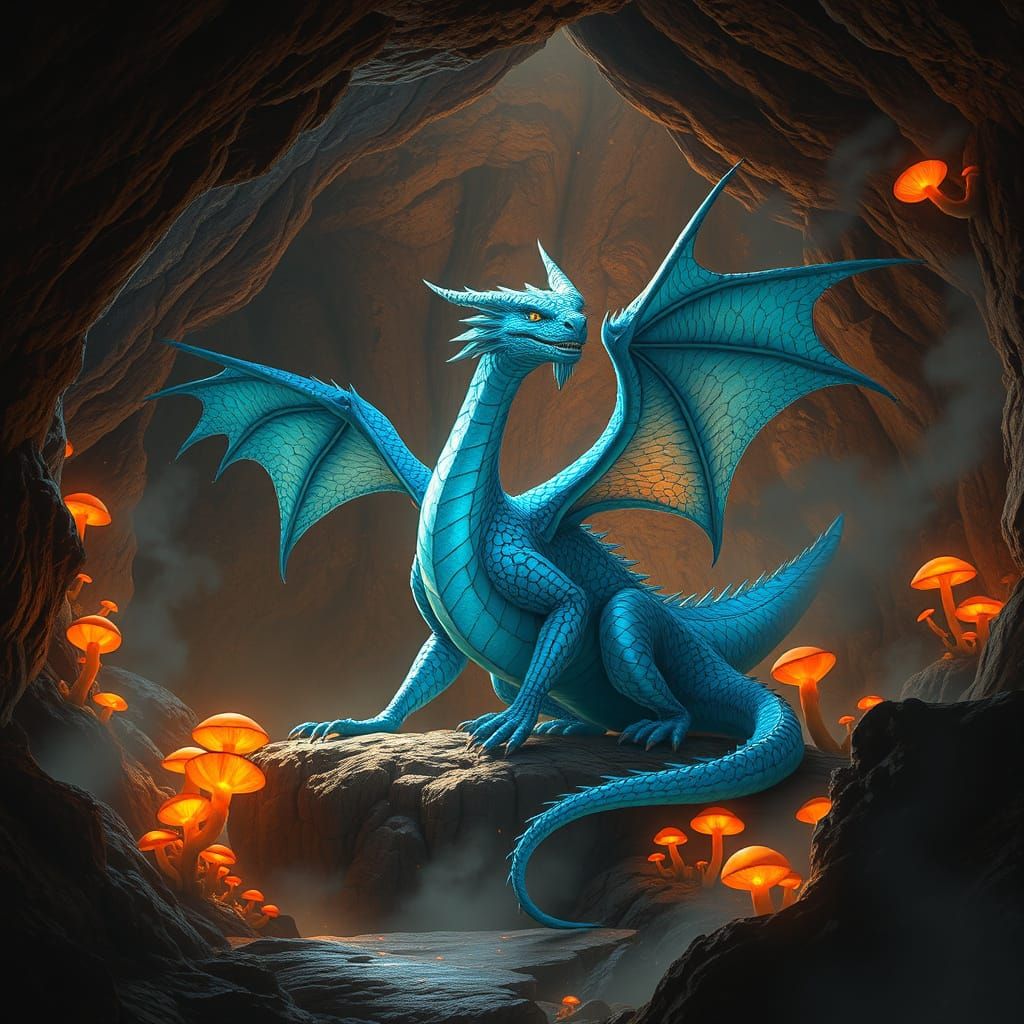 Regal Blue Dragon in Mystical Cave Ambiance