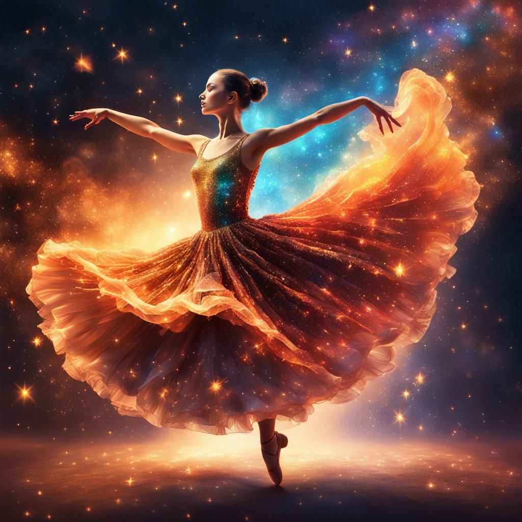 Ballerina Dances in Fiery Dress Amidst Space