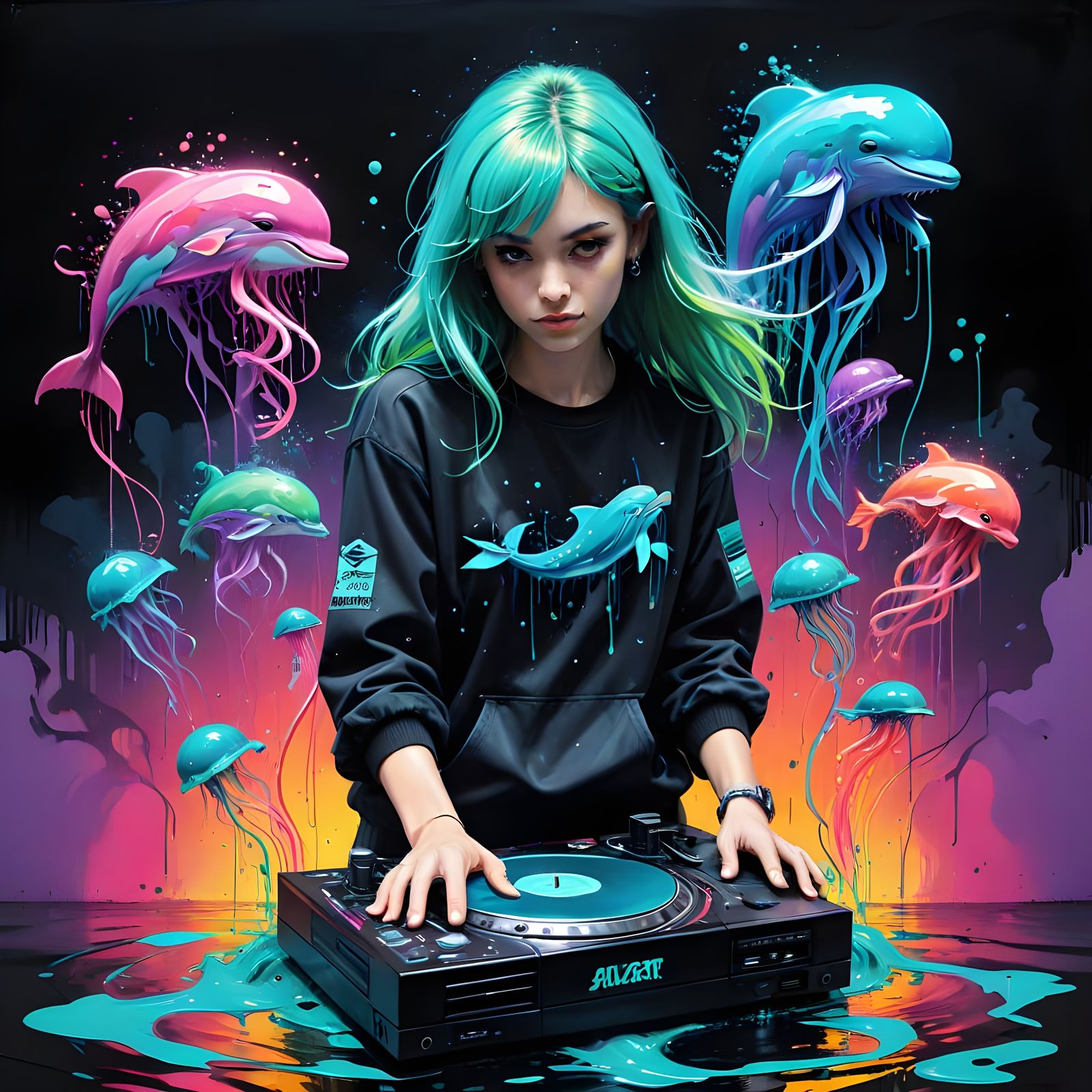 Neon Sea Party in 1990's Futuristic Style