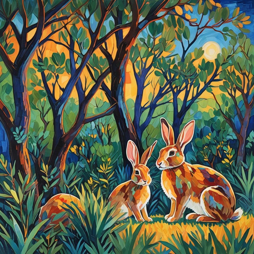 Rabbit Family in Fauvist Style Under Acacia Trees