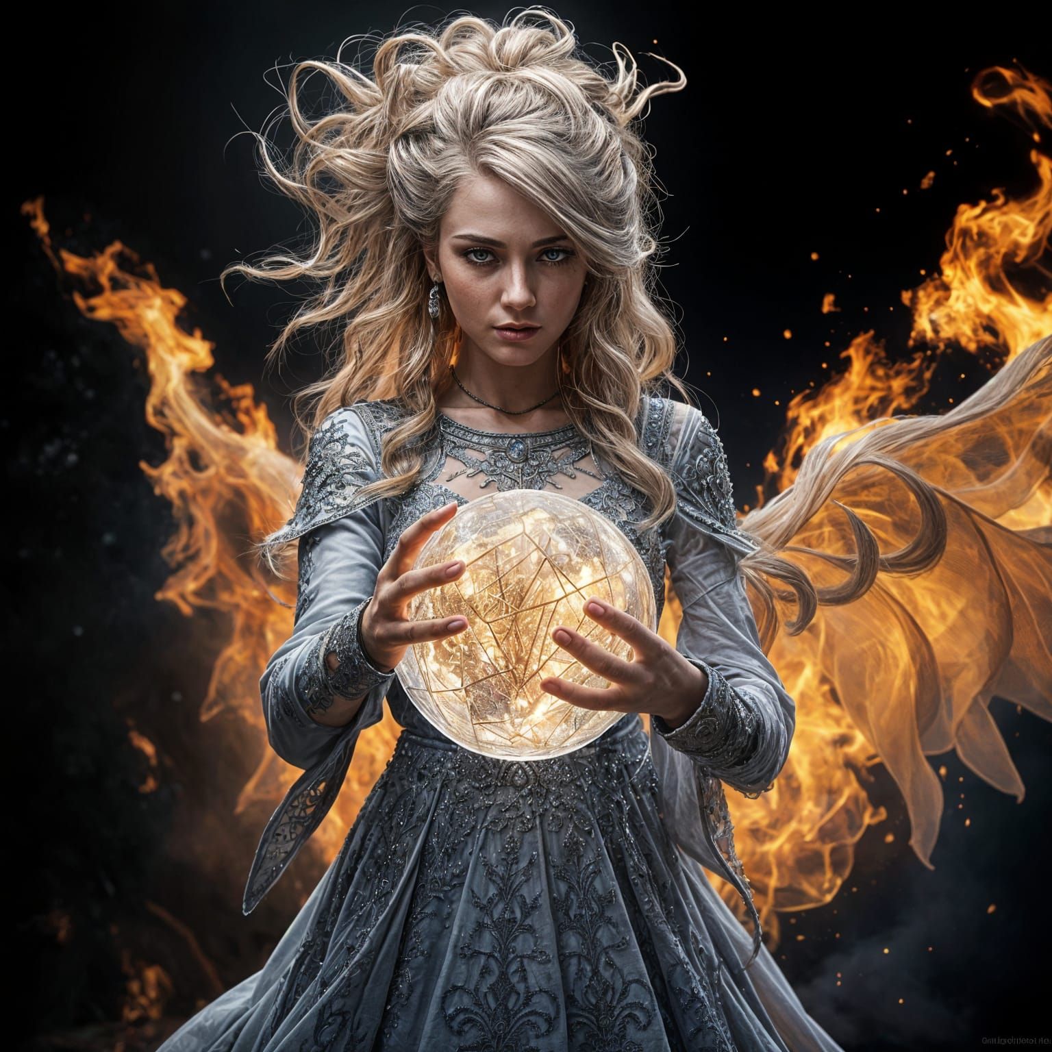 Sorceress Conjuring Crystal Sphere in Dark Atmosphere