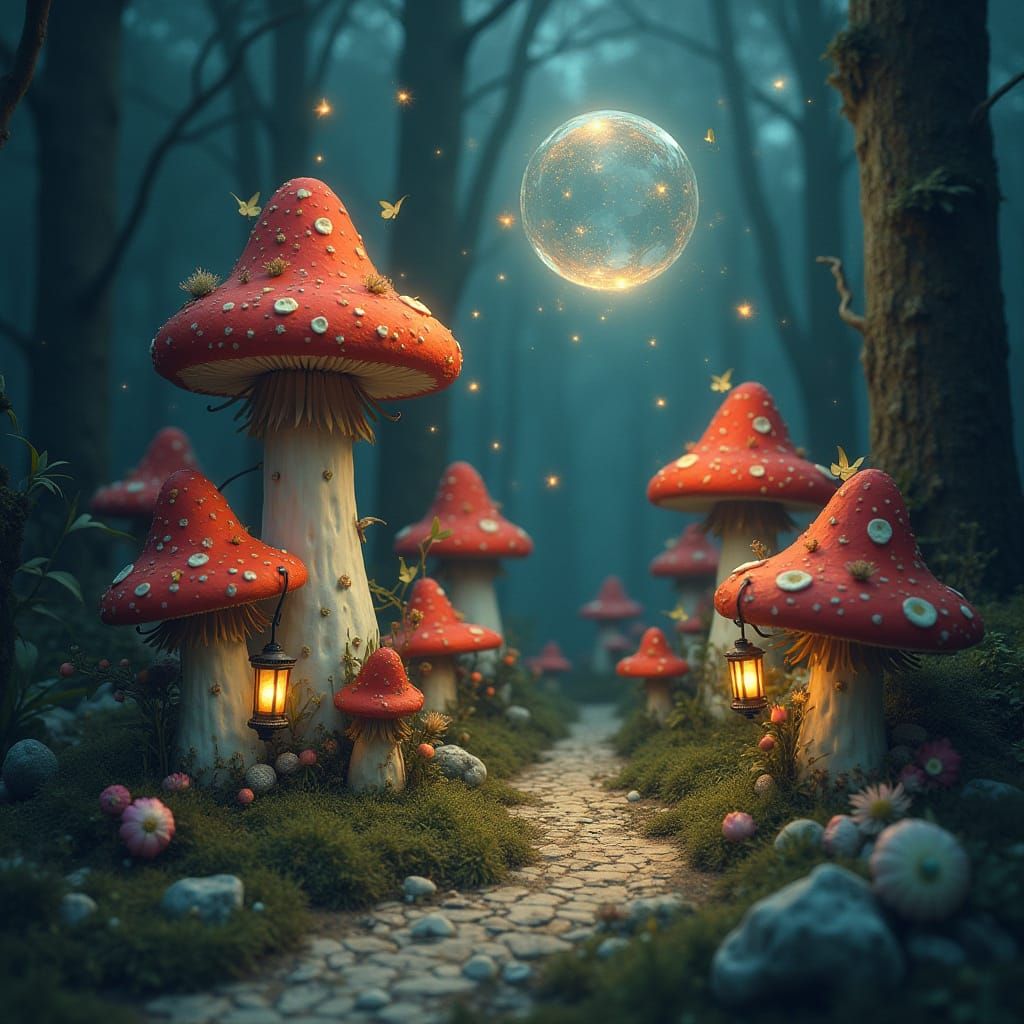 Whimsical Mushroom Village in Mystical Forest