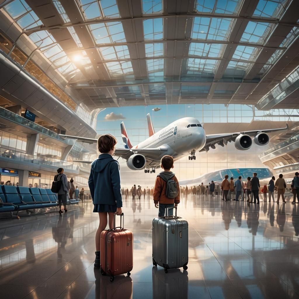 Child Gazing at A380 in Surreal Airport