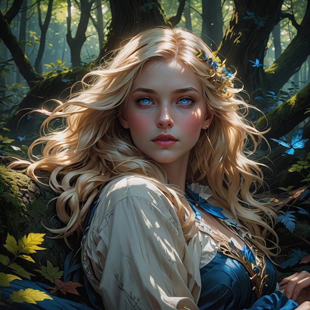 Blonde Woman Portrait in Dark Forest, Hyperdetailed Art