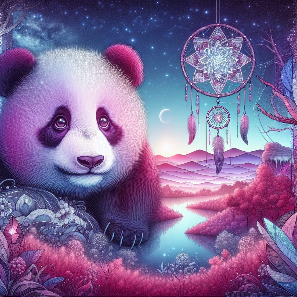 Magenta Panda Gazing Through Crystal Portal in Nature