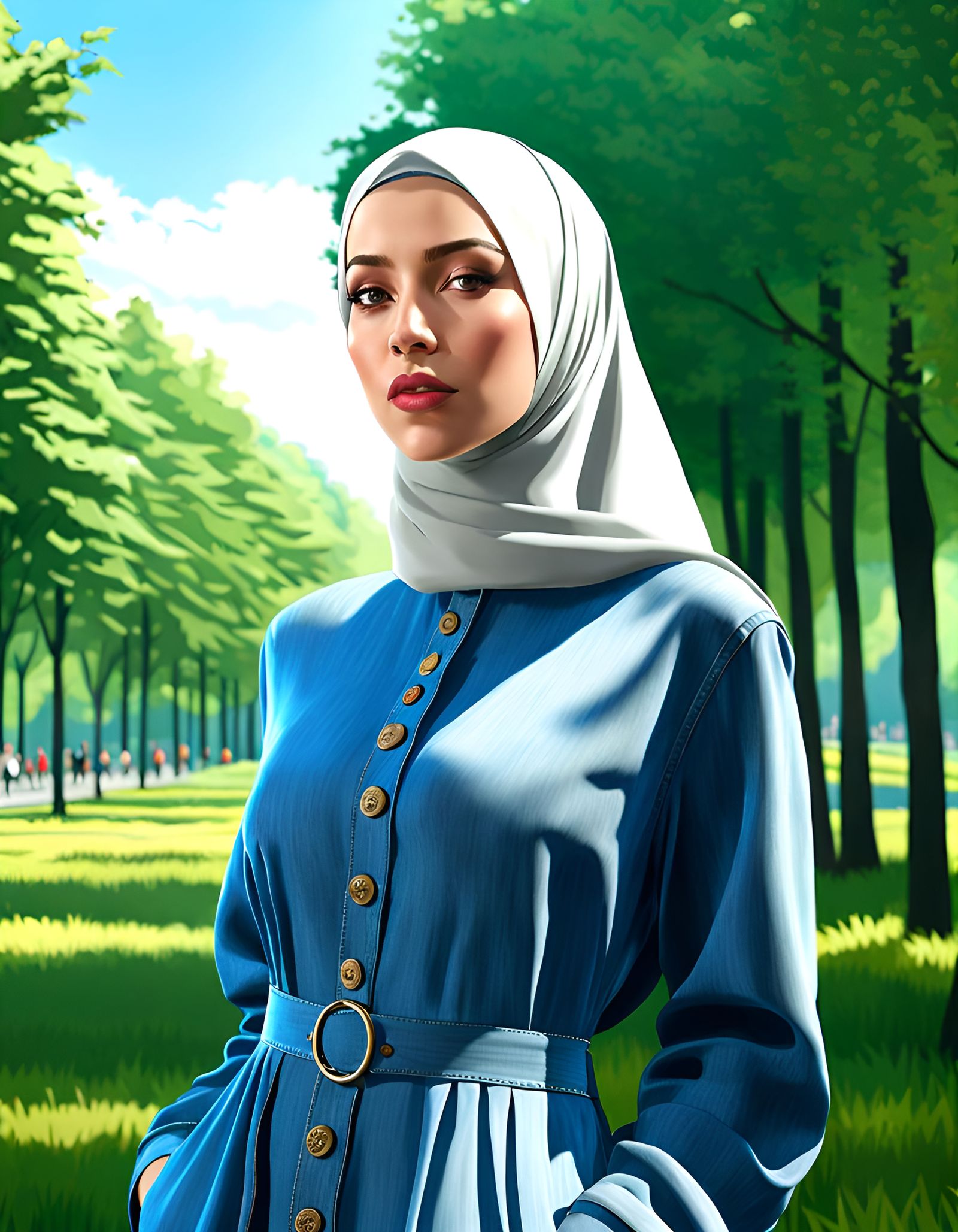 Woman in Denim Dress and Hijab in New York City