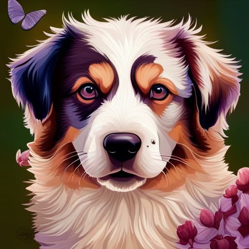 Australian Shepherd Puppy with Butterfly, Digital Art
