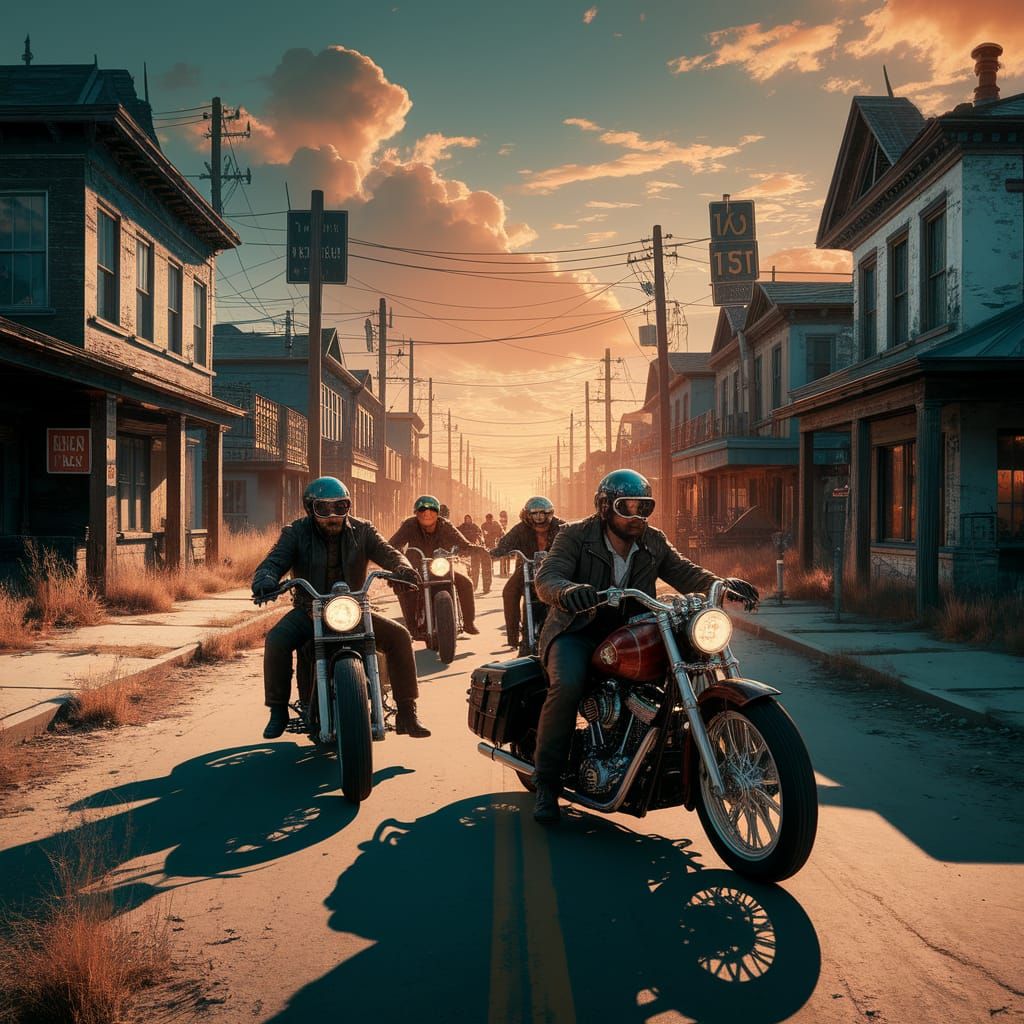 Dieselpunk Bikers Ride Through Dystopian Suburb in HDR