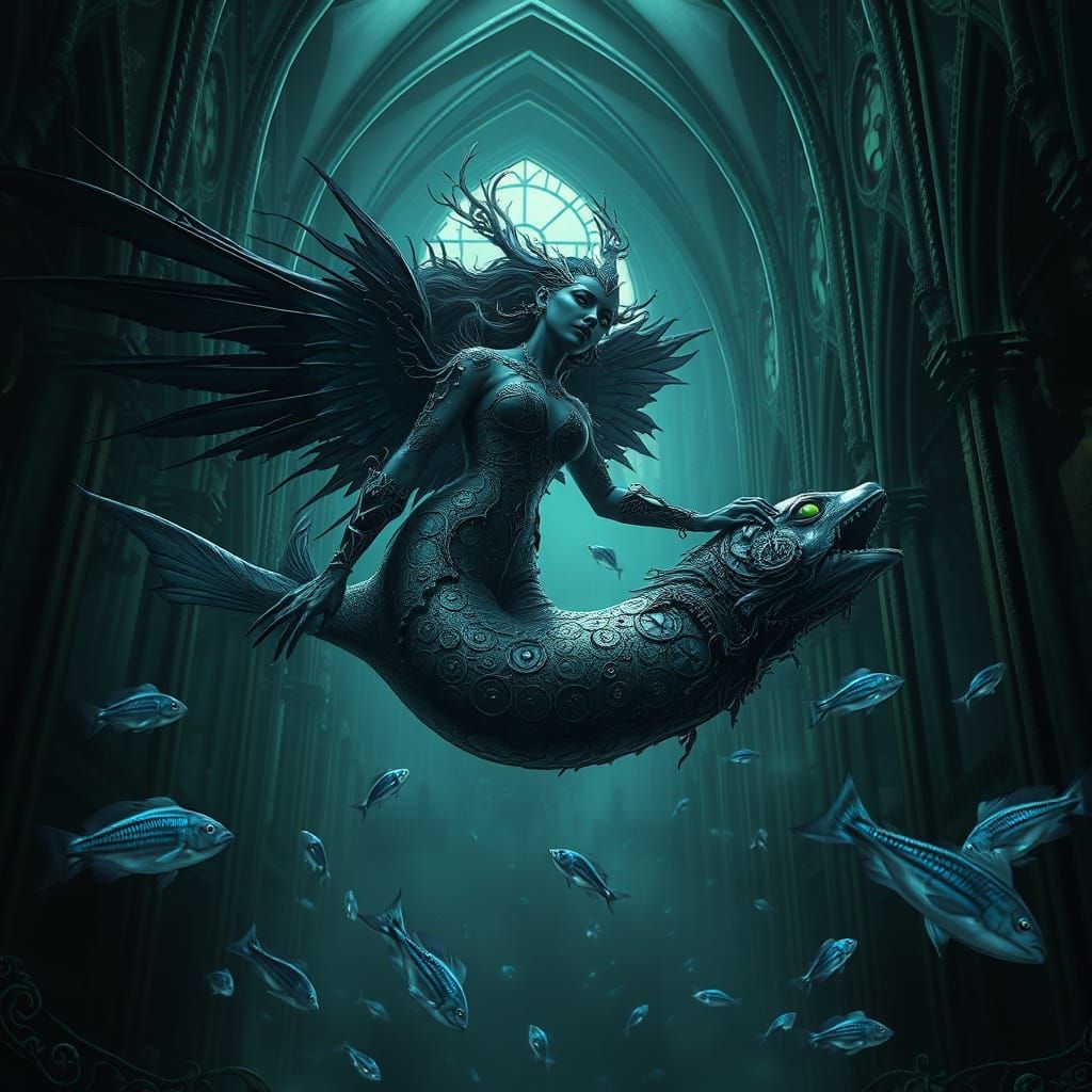 Gothic Mermaid in Sunken Cathedral