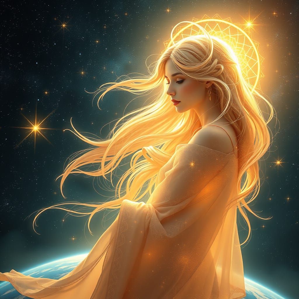 Celestial Goddess Gazing Down at the Earth in a Majestic, Ot...