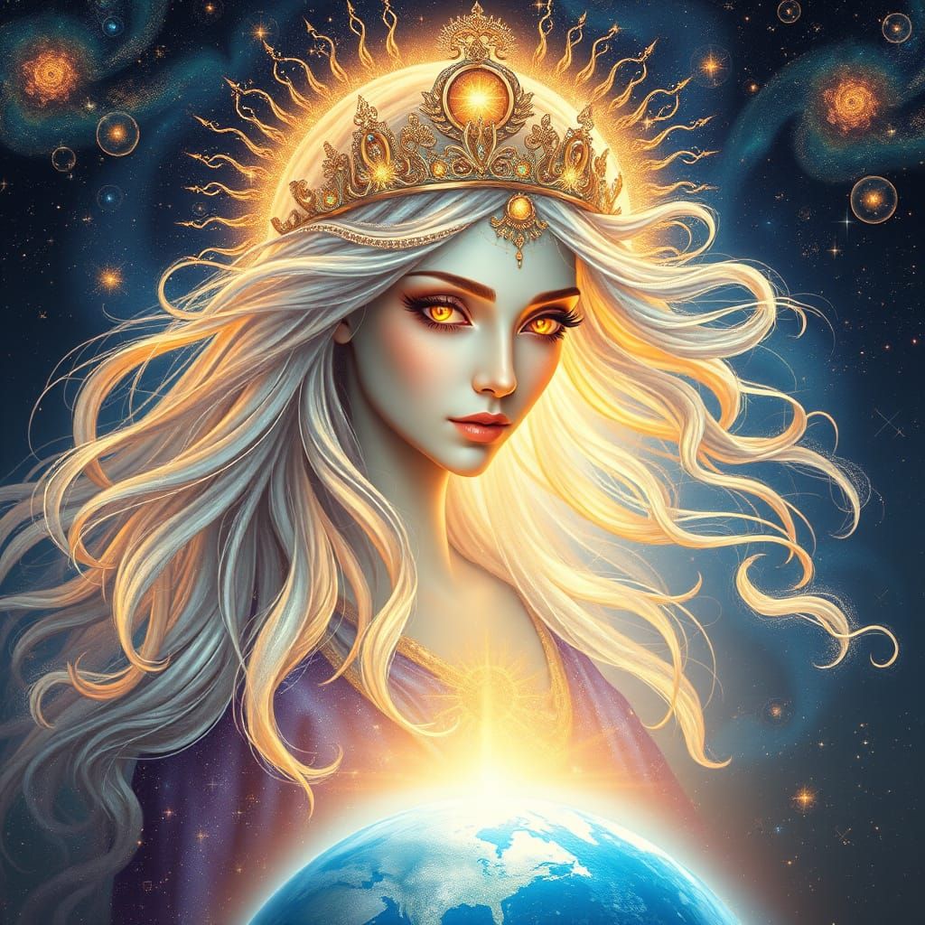 Ethereal Goddess Watches Over Earth from Celestial Realm