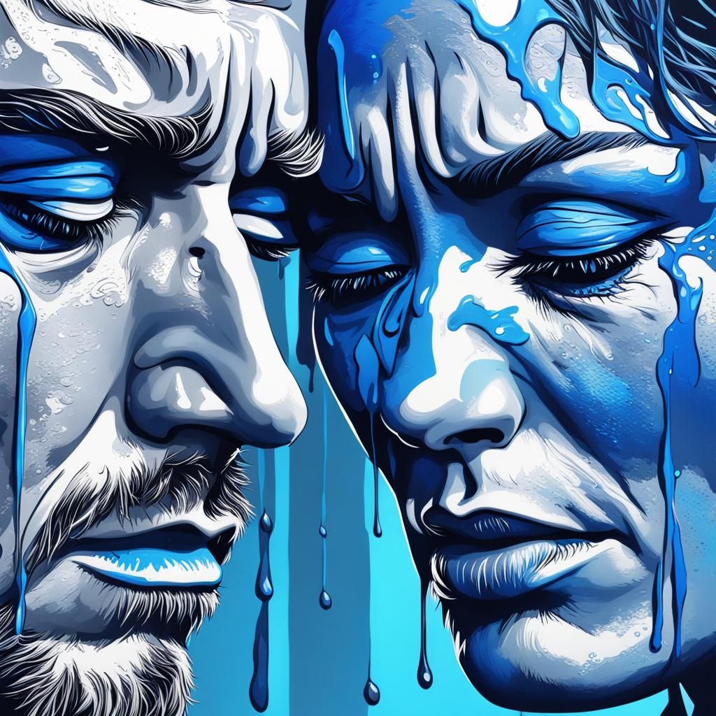 Hyperrealistic Crying Figures in Shades of Blue