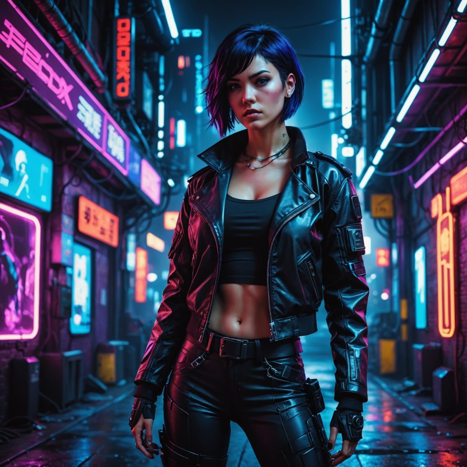 Cyberpunk Female Warrior in Neon Urban Landscape
