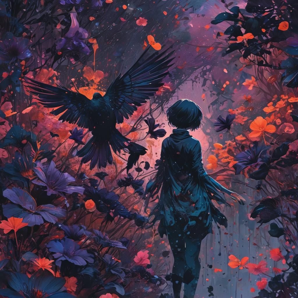 Winged Silhouette with Ink Splatter Flowers