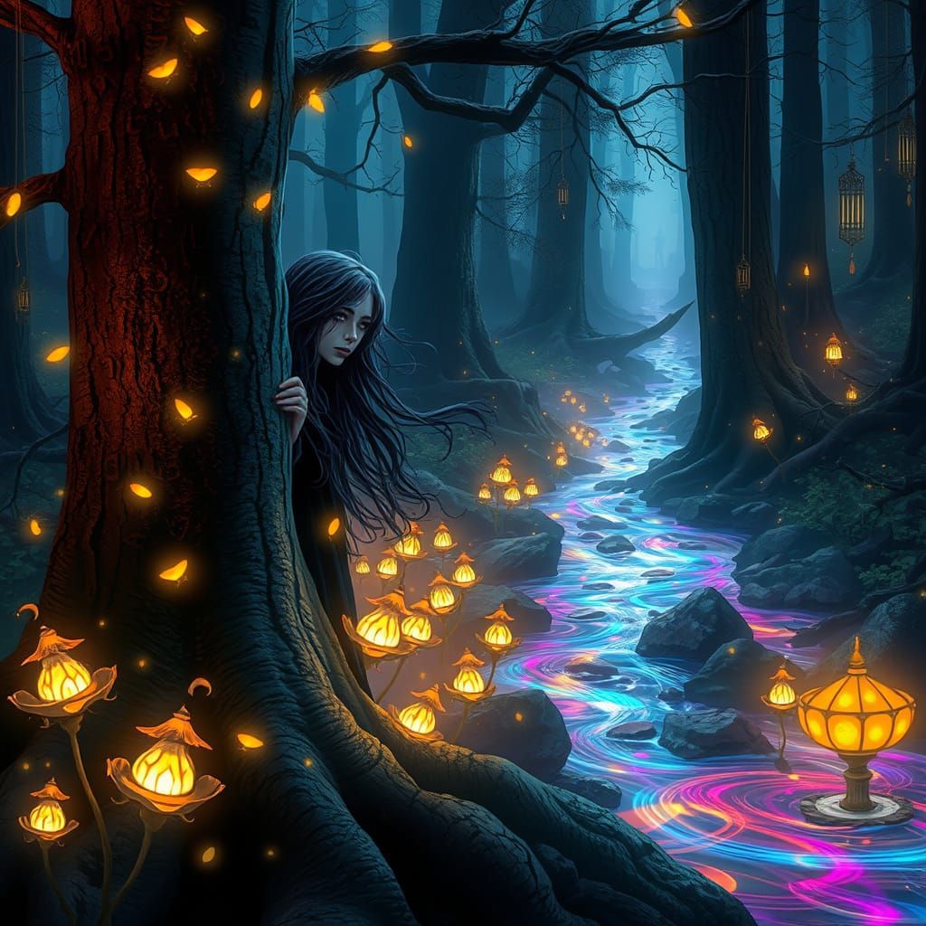 Figure Emerges from Enchanted Forest with Ancient Magic