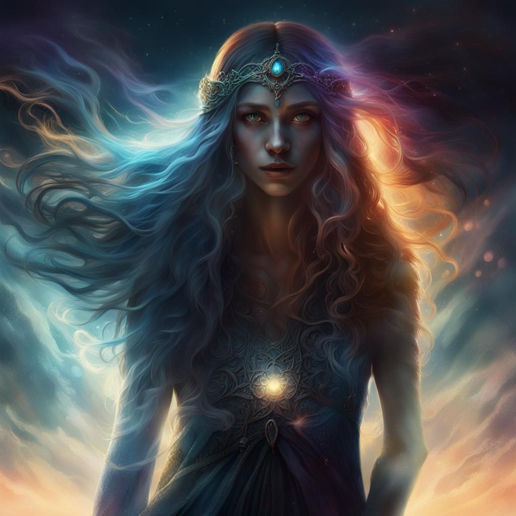 Mystical Woman with Flowing Hair: Celestial Concept Art