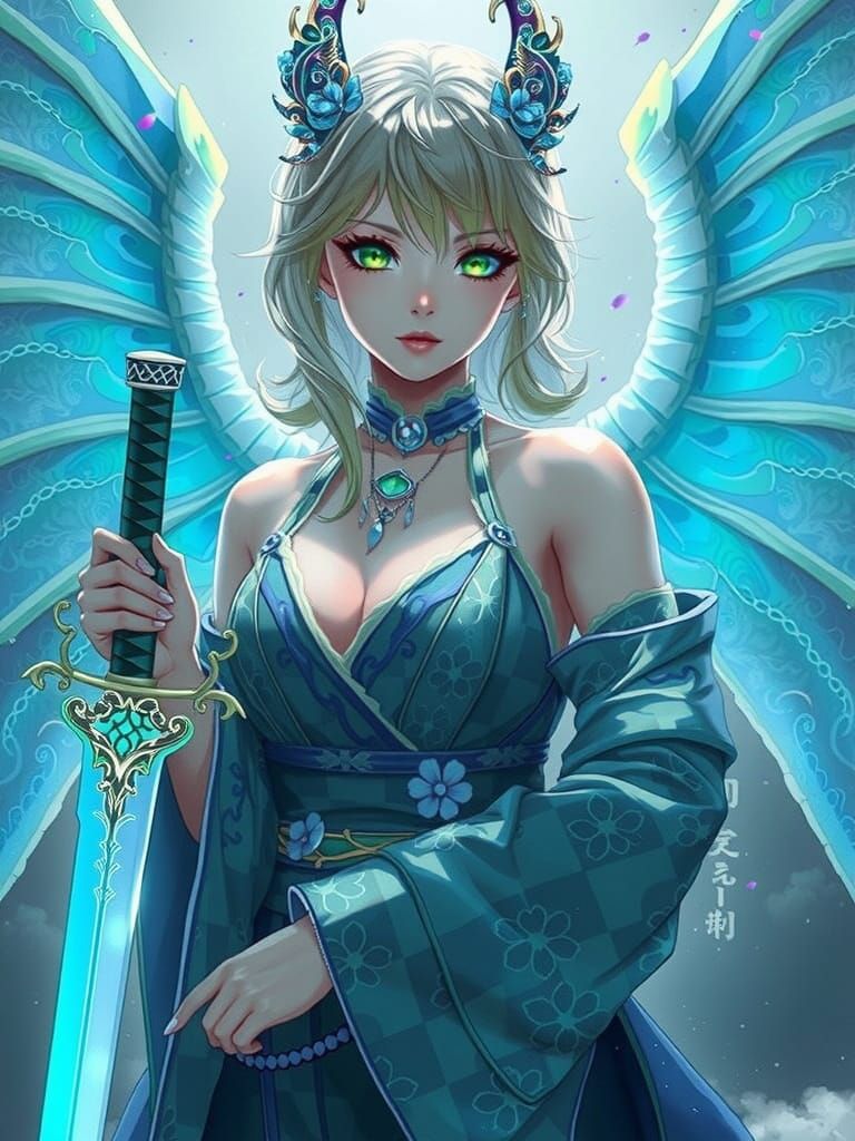 Anime Goddess with Dragon Wings and Elegant Kimono