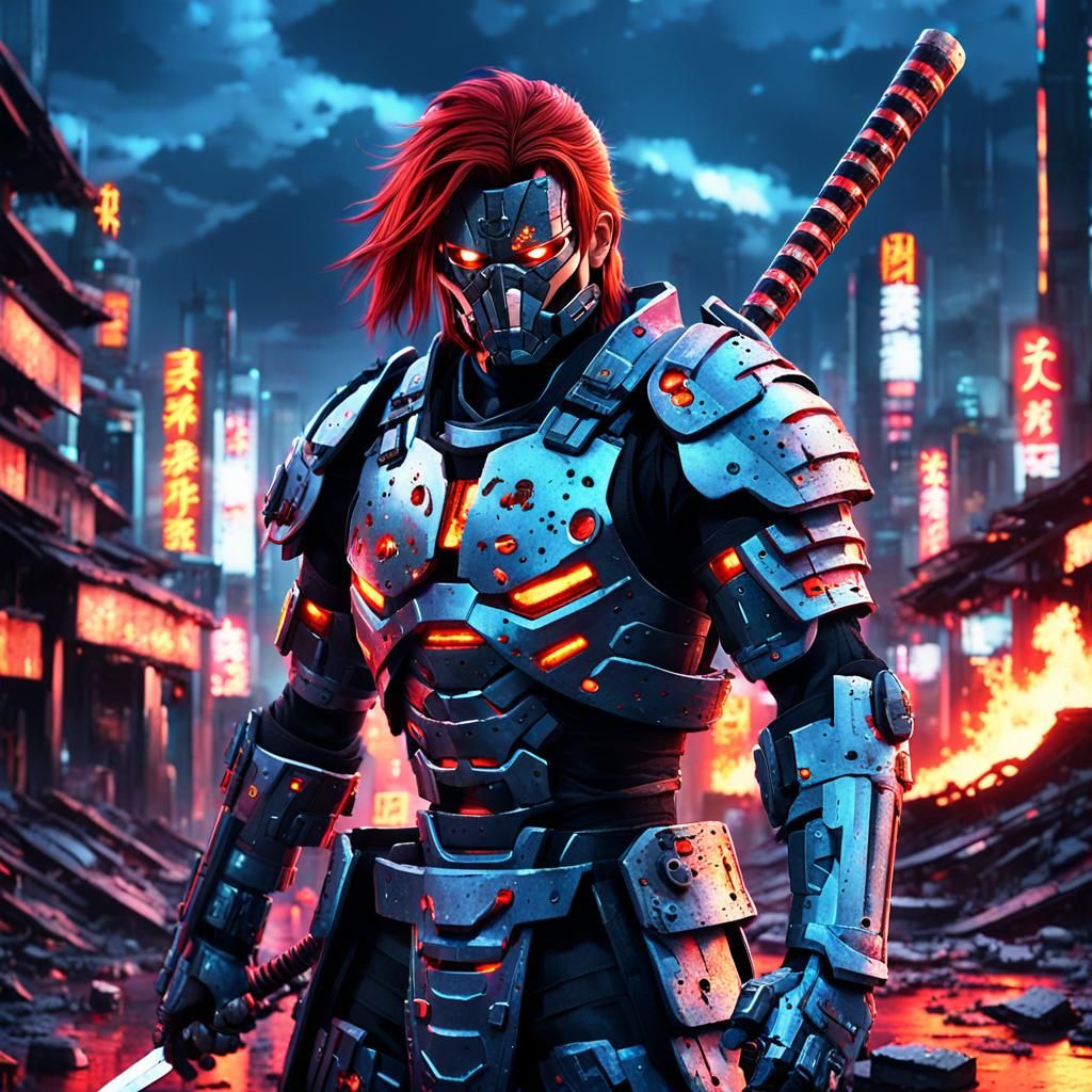 Cyborg Samurai in Ruined Cityscape: 3D Anime Art