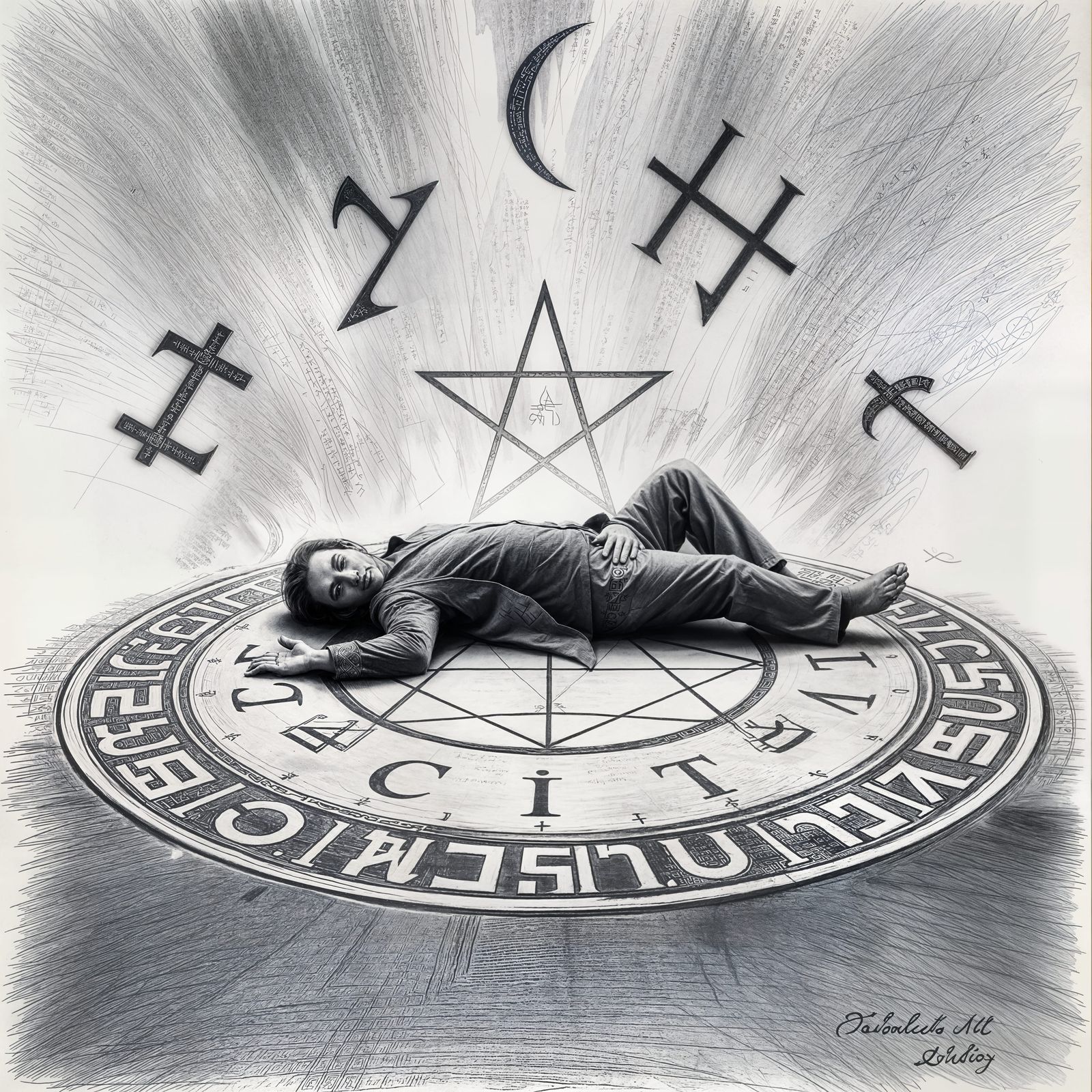 Man in Satanic Circle with Glowing Runes, Academic Art Style