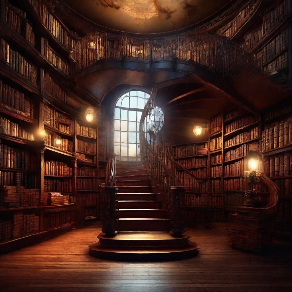 Dramatic Library with Spiral Staircase: Digital Painting