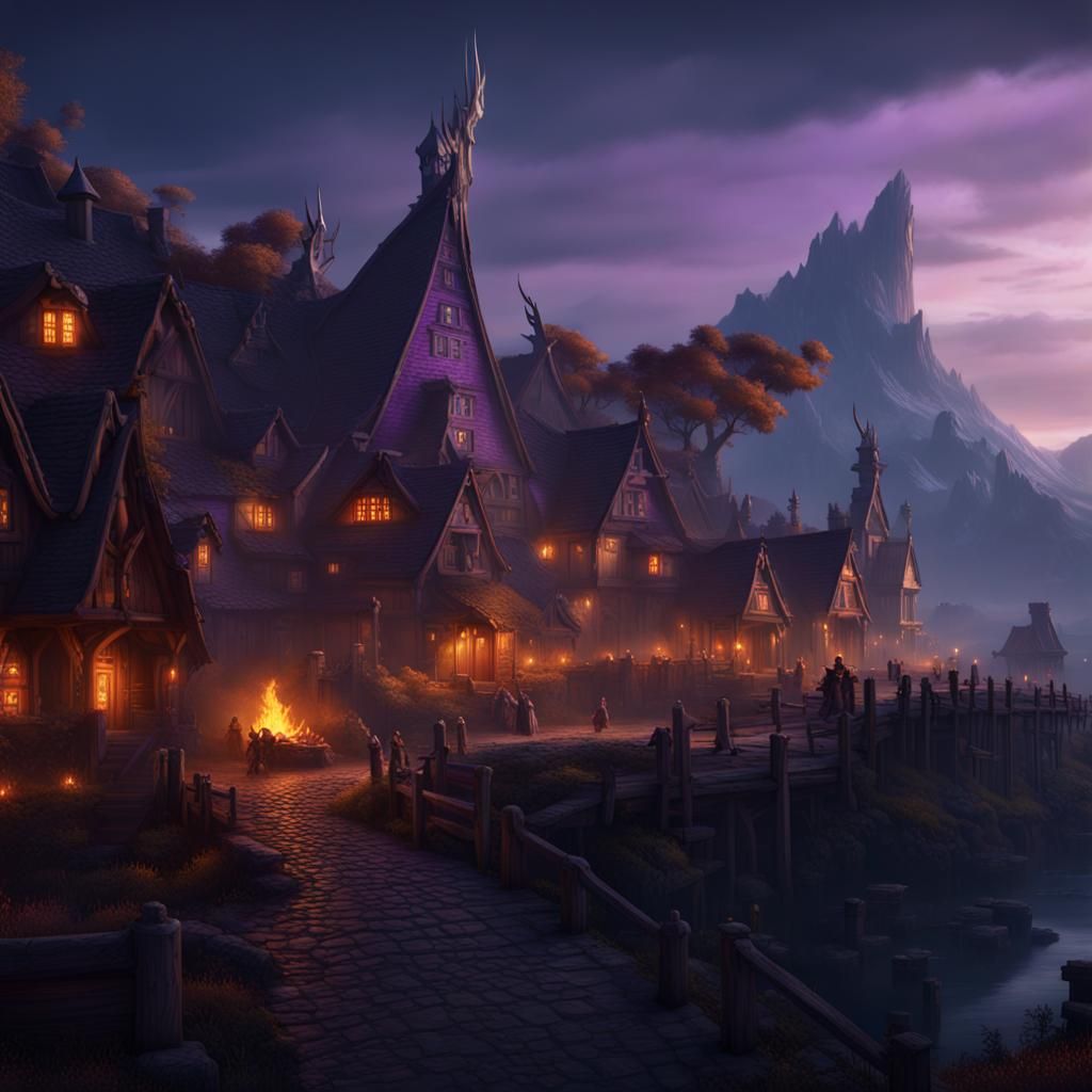 Fire Dragon Threatens Norse Village: Dark Fantasy Art