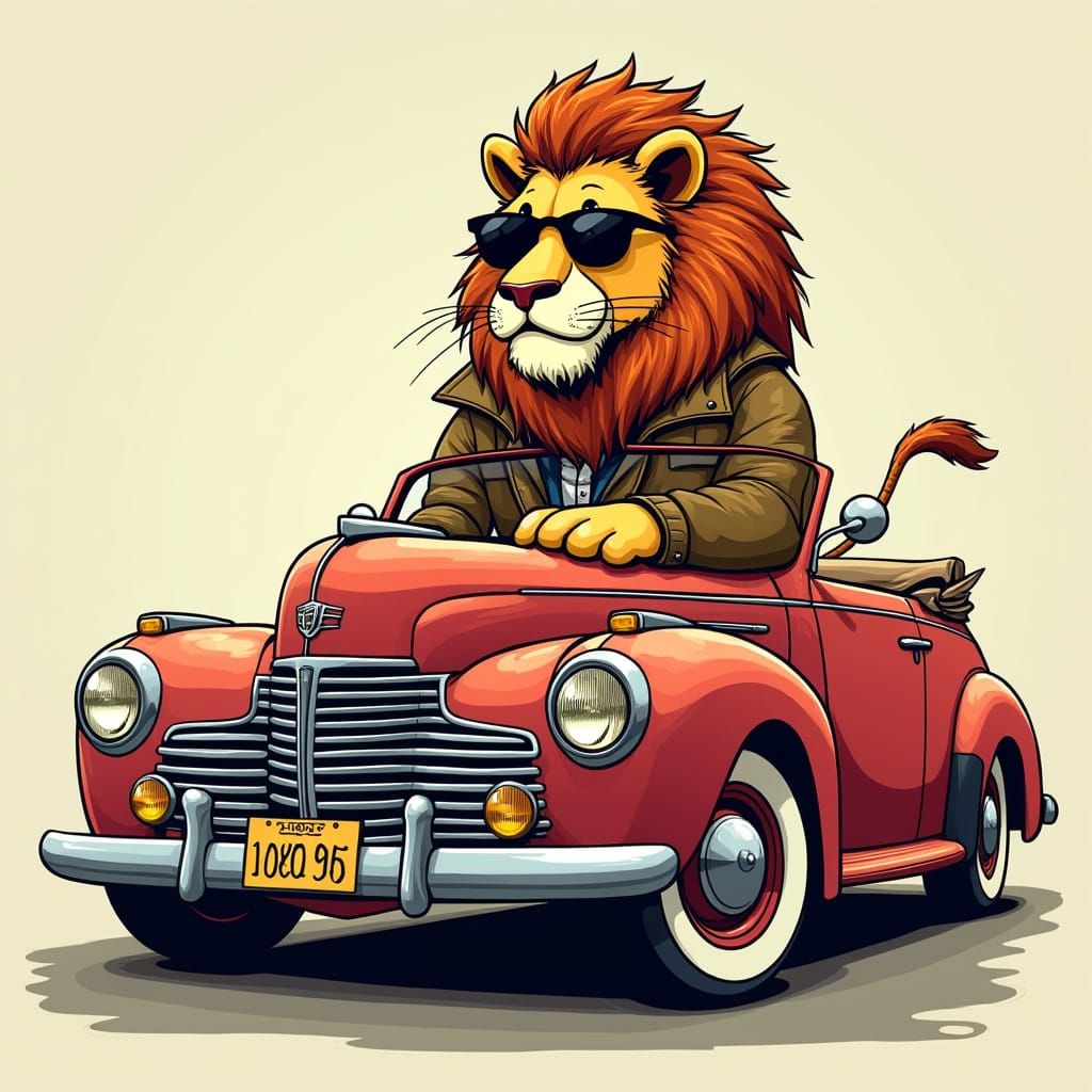 Cartoon Lion on Vintage Convertible Car