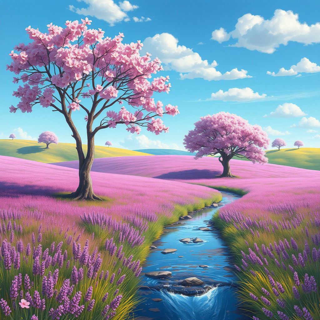 Idyllic Lavender Field Landscape as Digital Impressionist Pa...