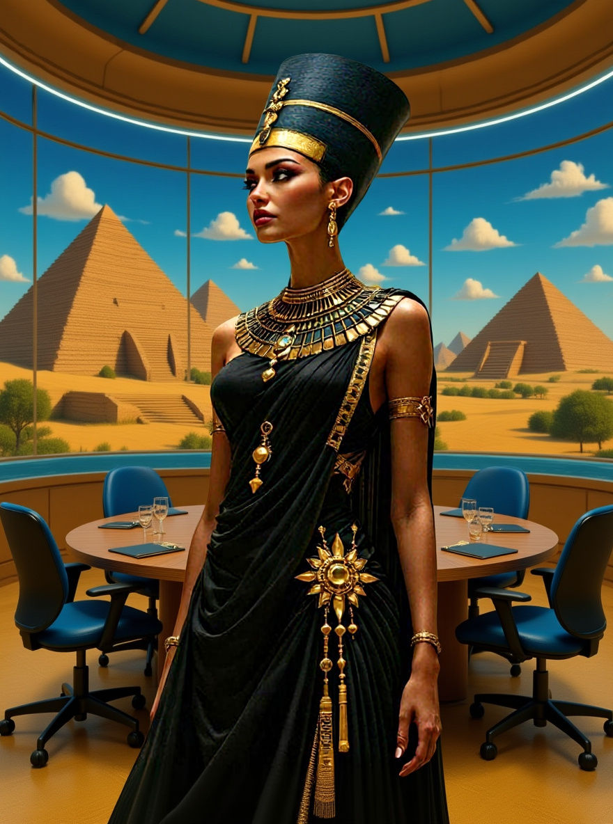 Nefertiti in Egyptian Palace, Slim Queen in Black Dress