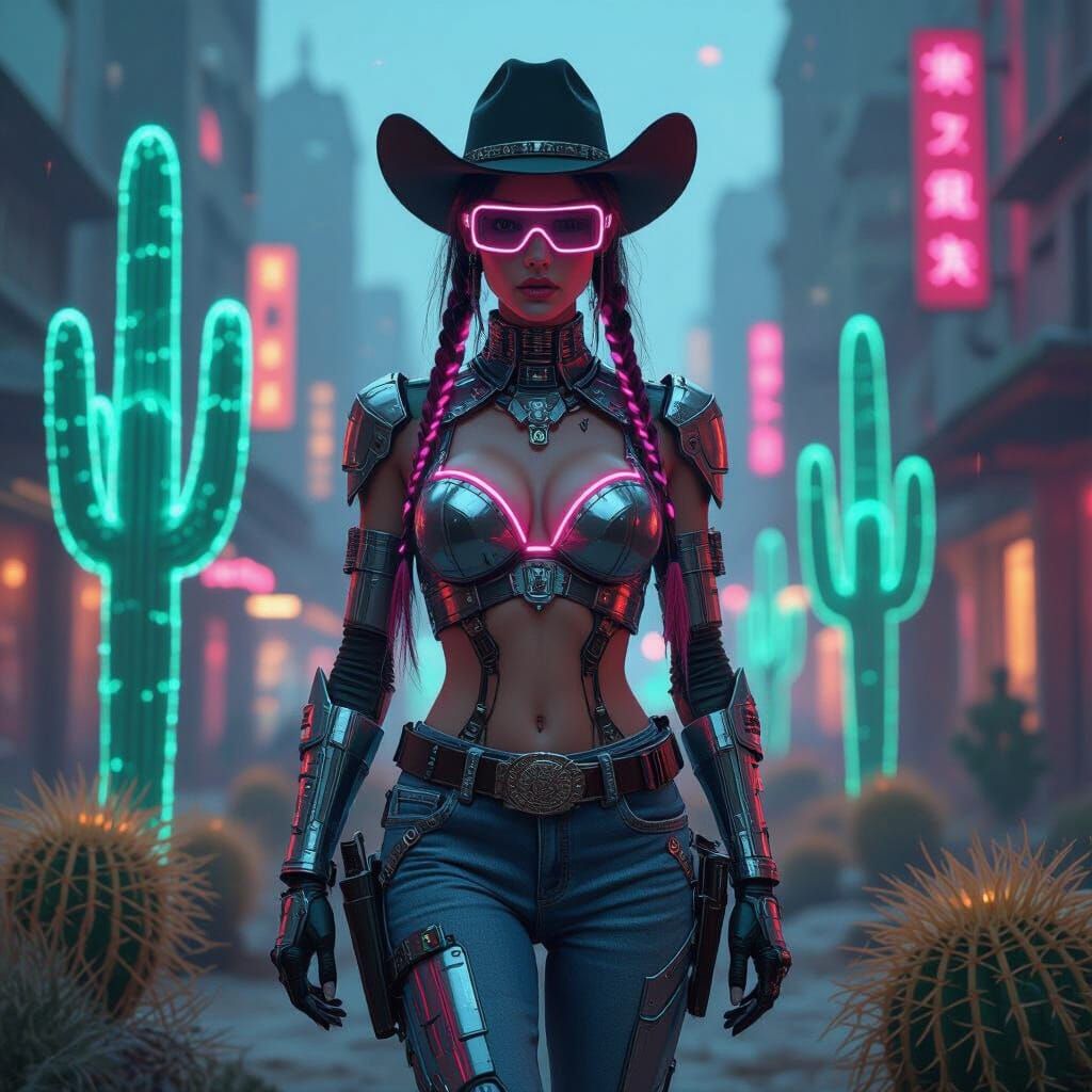 Cyborg Cowgirl Strides Through Cyberpunk Metropolis
