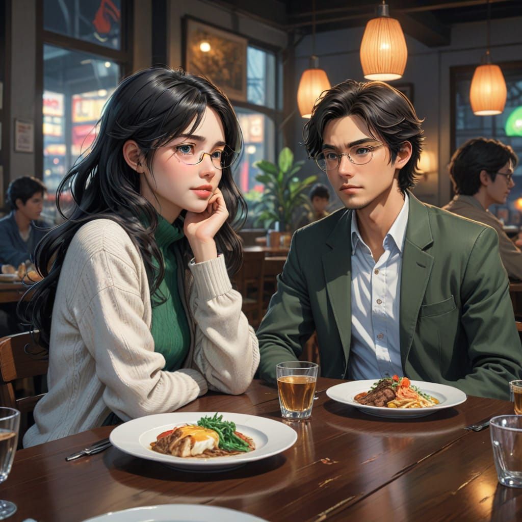 Anime-Style Woman Seated Between Two Men in a Modern Restaur...