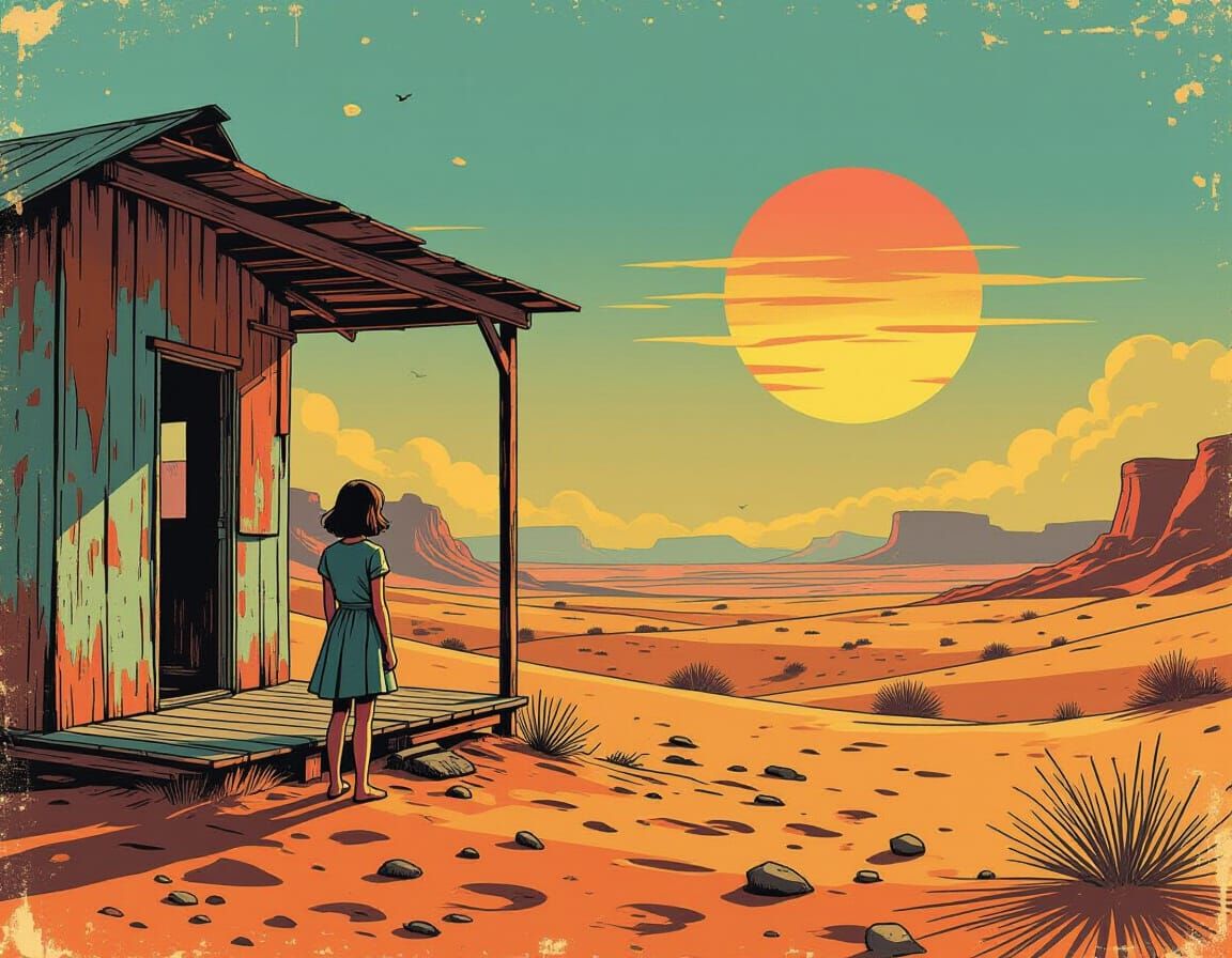 Vintage Sci-Fi Girl in Desert Cabin Under Double Sunset