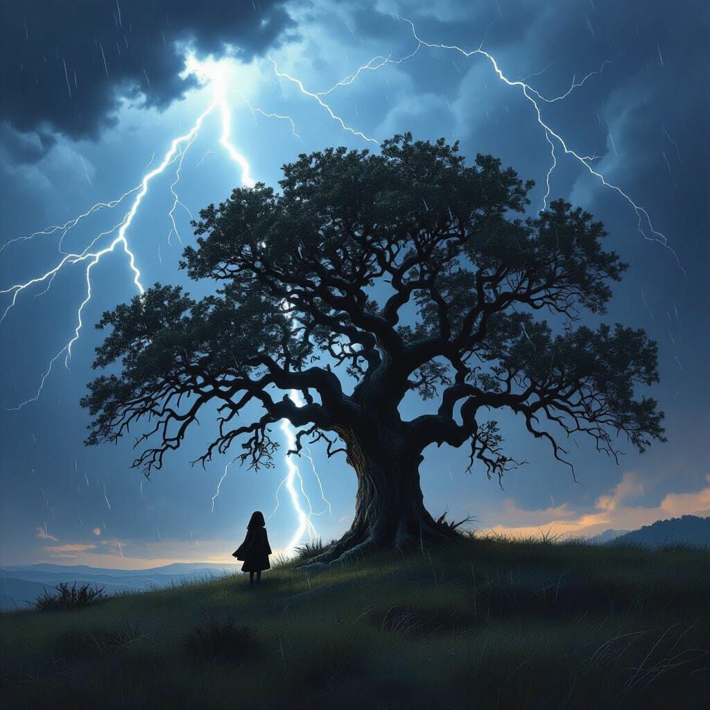 Girl and Oak Tree Under Lightning Storm, Dark Fantasy Art