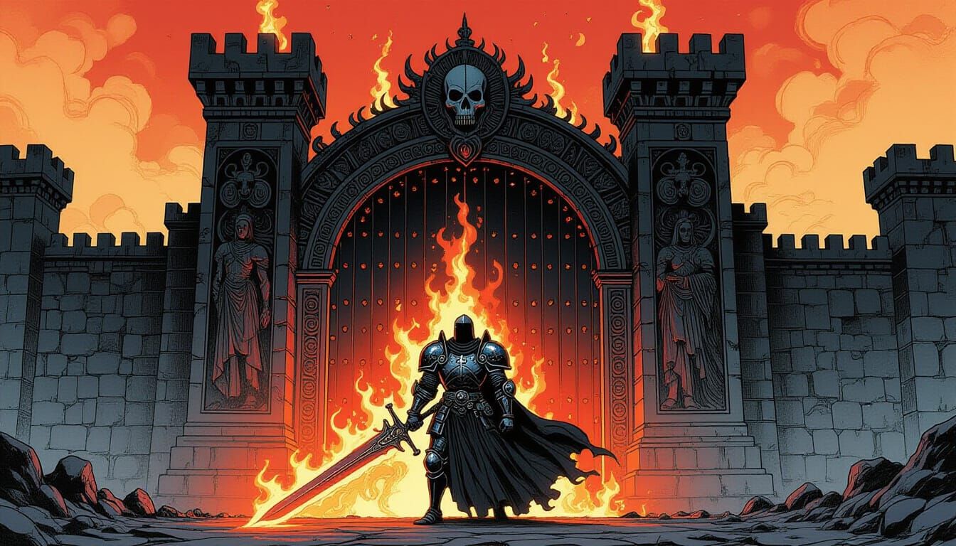 Flaming Knight Guarding Obsidian Gate, Fantasy Art