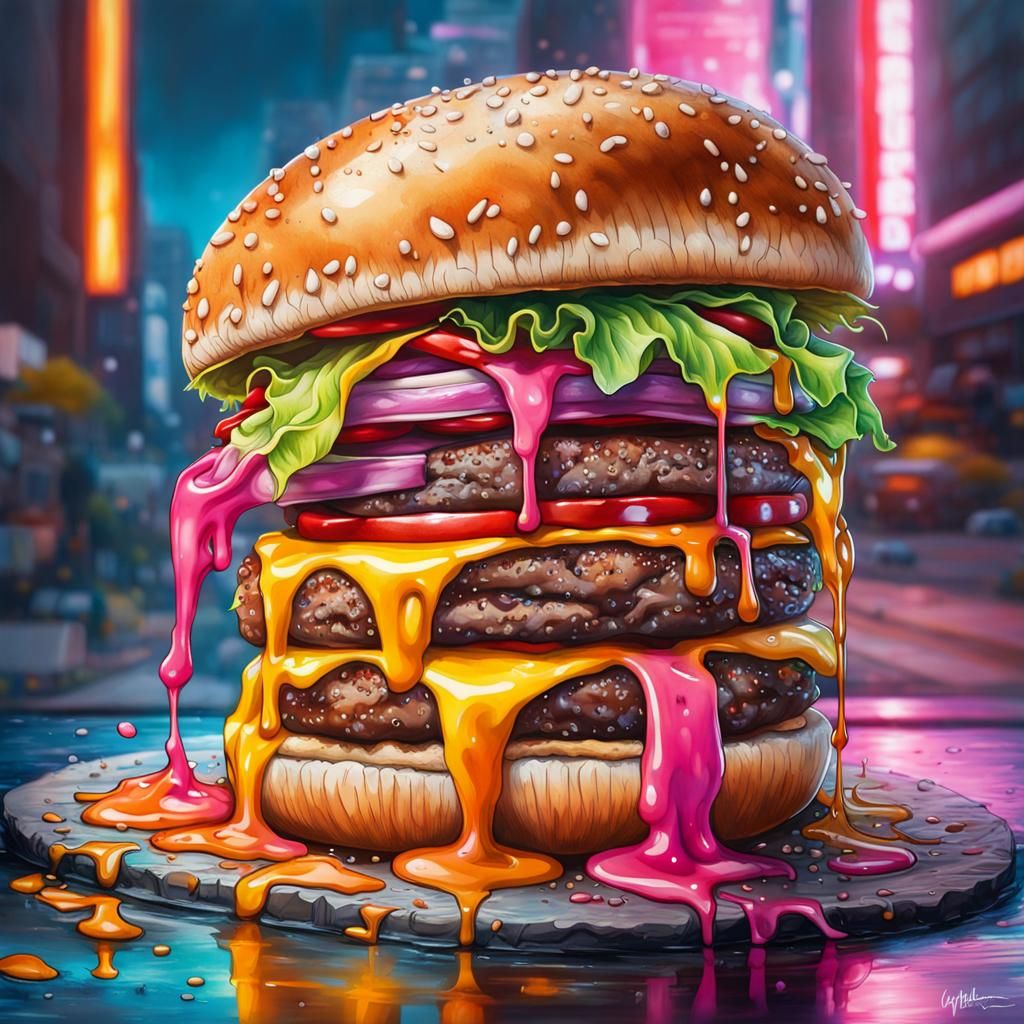 Hyperrealistic Neon Burger in a Magipunk Street Art Style