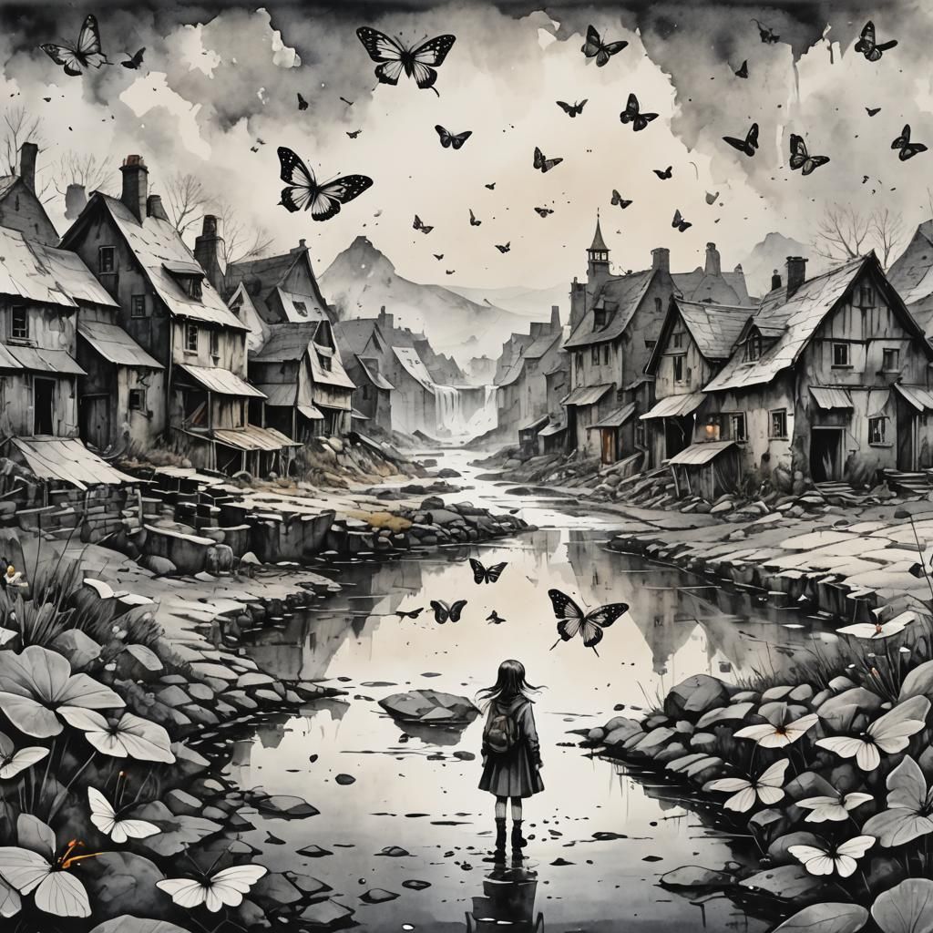 Ink Painting of Ruined Village with Flying Butterflies