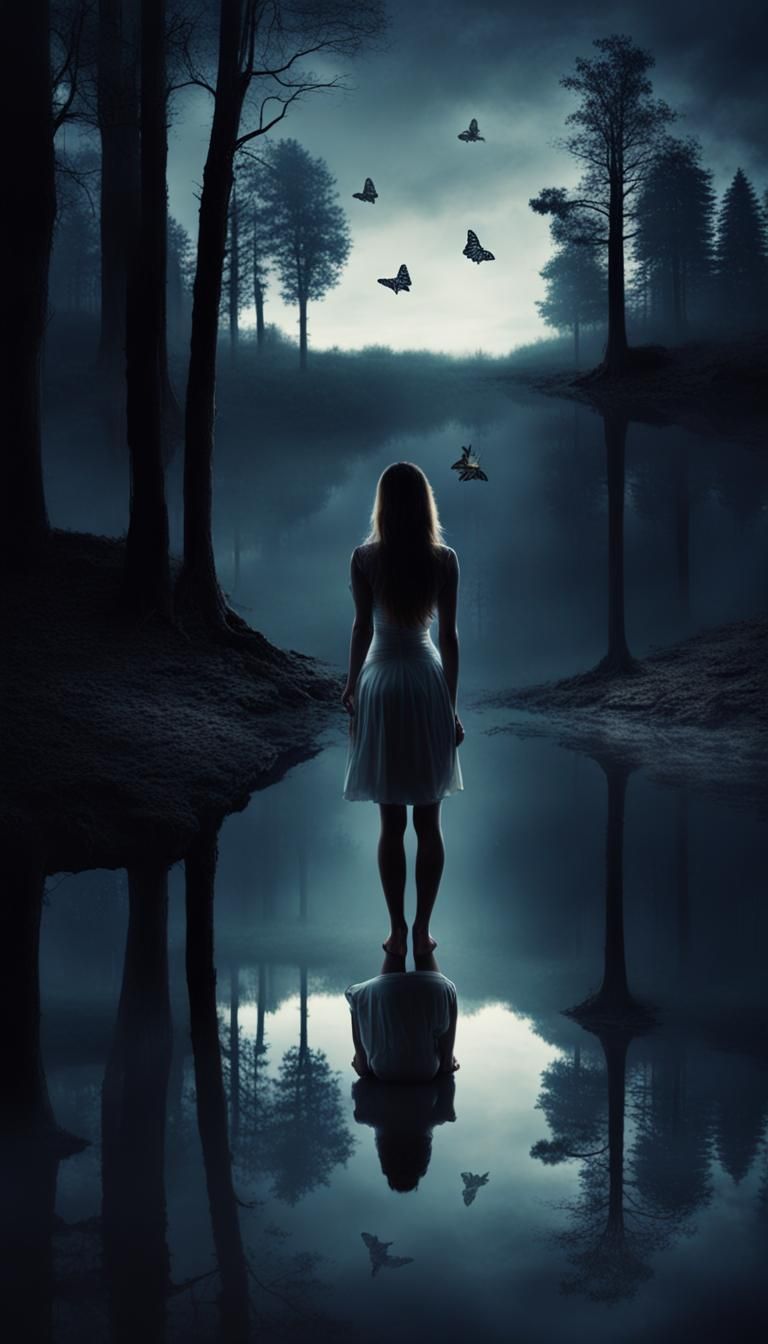 Woman's Butterfly Shadow Reflection in Forest