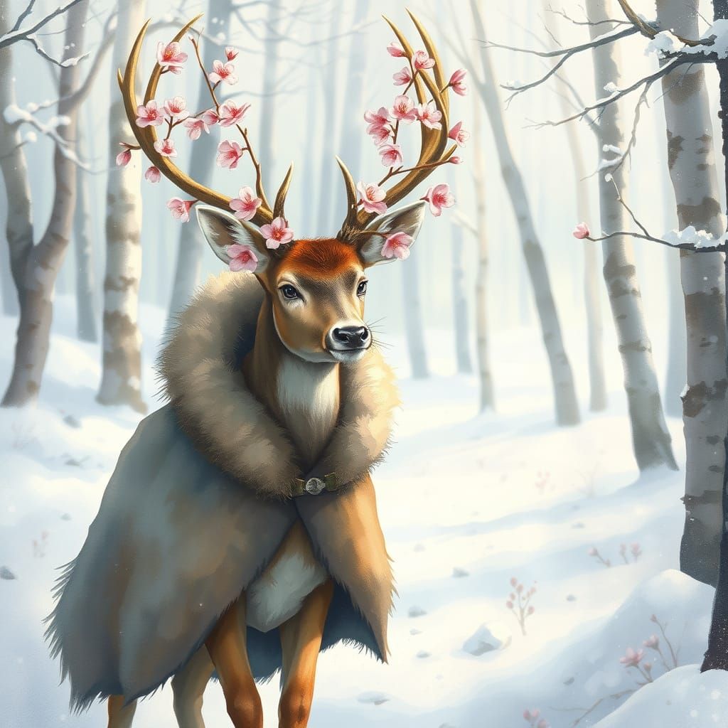 Surreal Deer Strolls Through Whimsical Cherry Blossom Forest