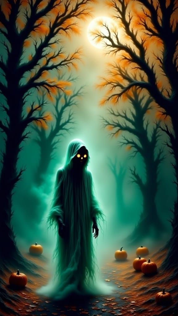 Ethereal Ghost Wanders Mystical Autumn Forest