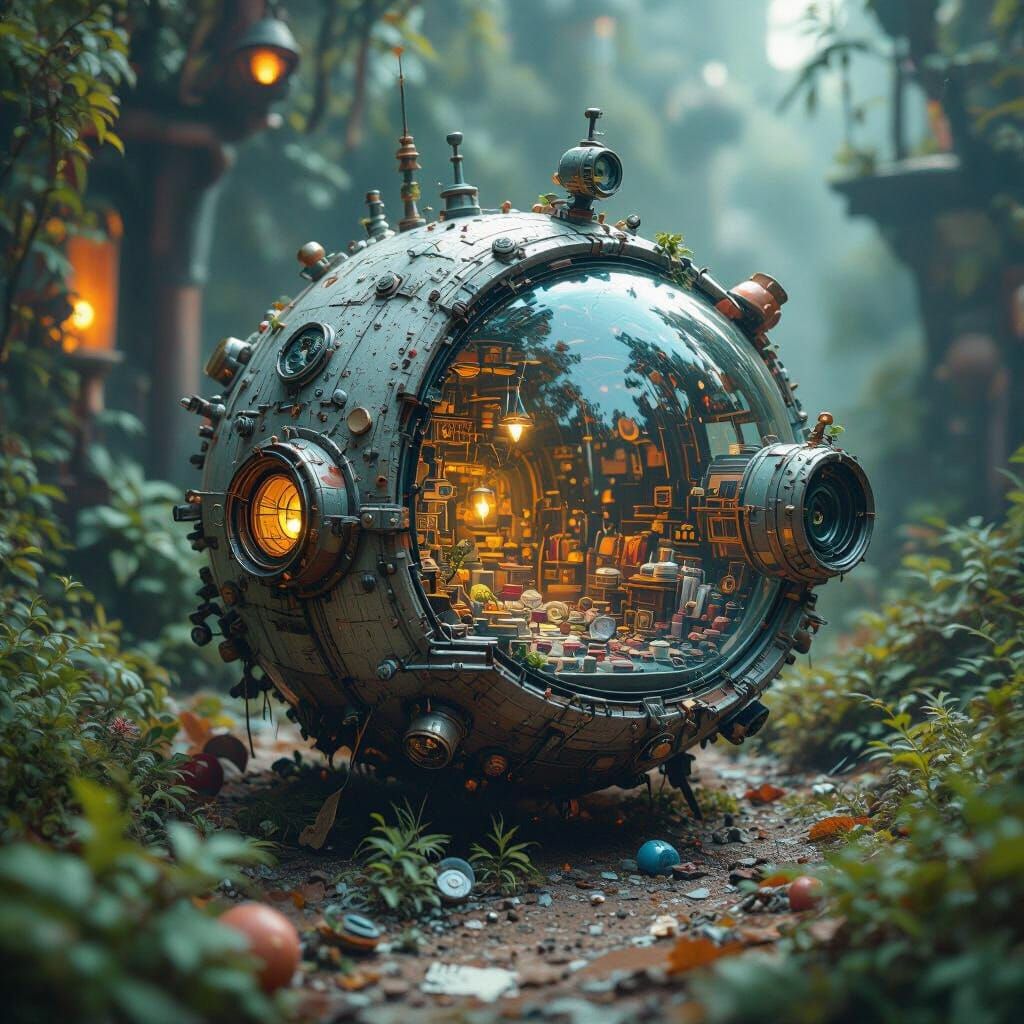 Microscopic Recycled World in Retrofuturist Style