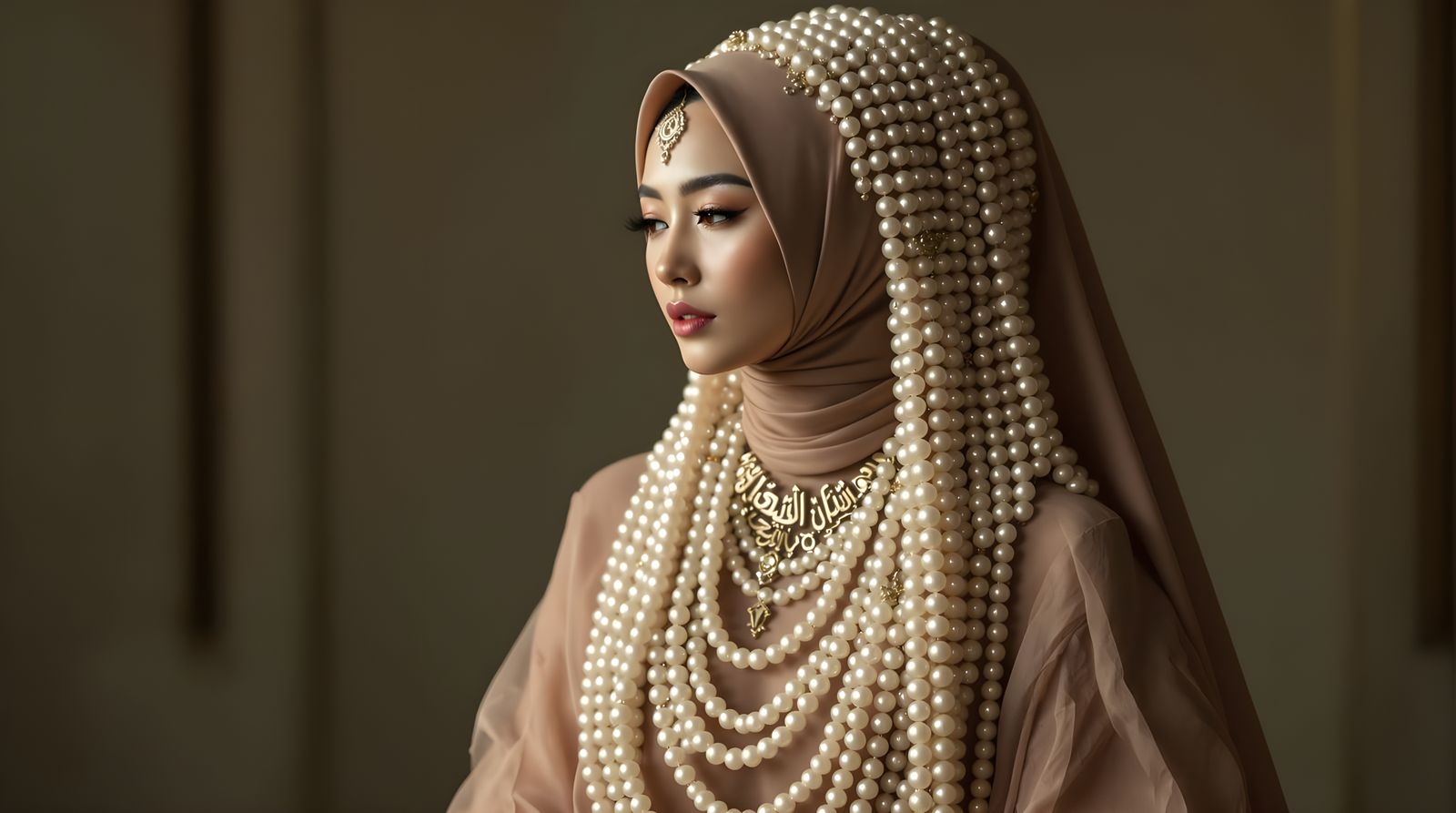 Elegant Hijab Style with Pearl Adornments and Arabic Jewelry